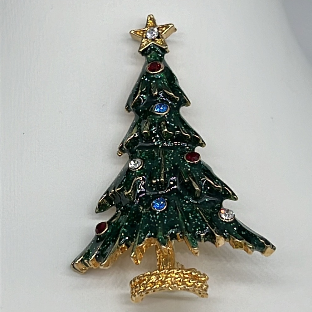 Vintage Eisenberg ice rhinestone green enamel gold tone Christmas tree brooch - Picture 3 of 10